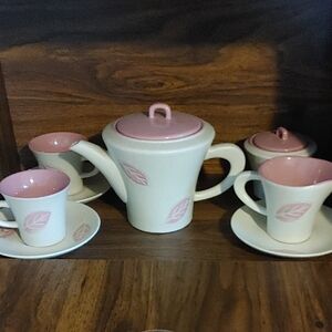 Rare Pink and White Leaf Design Tea Set